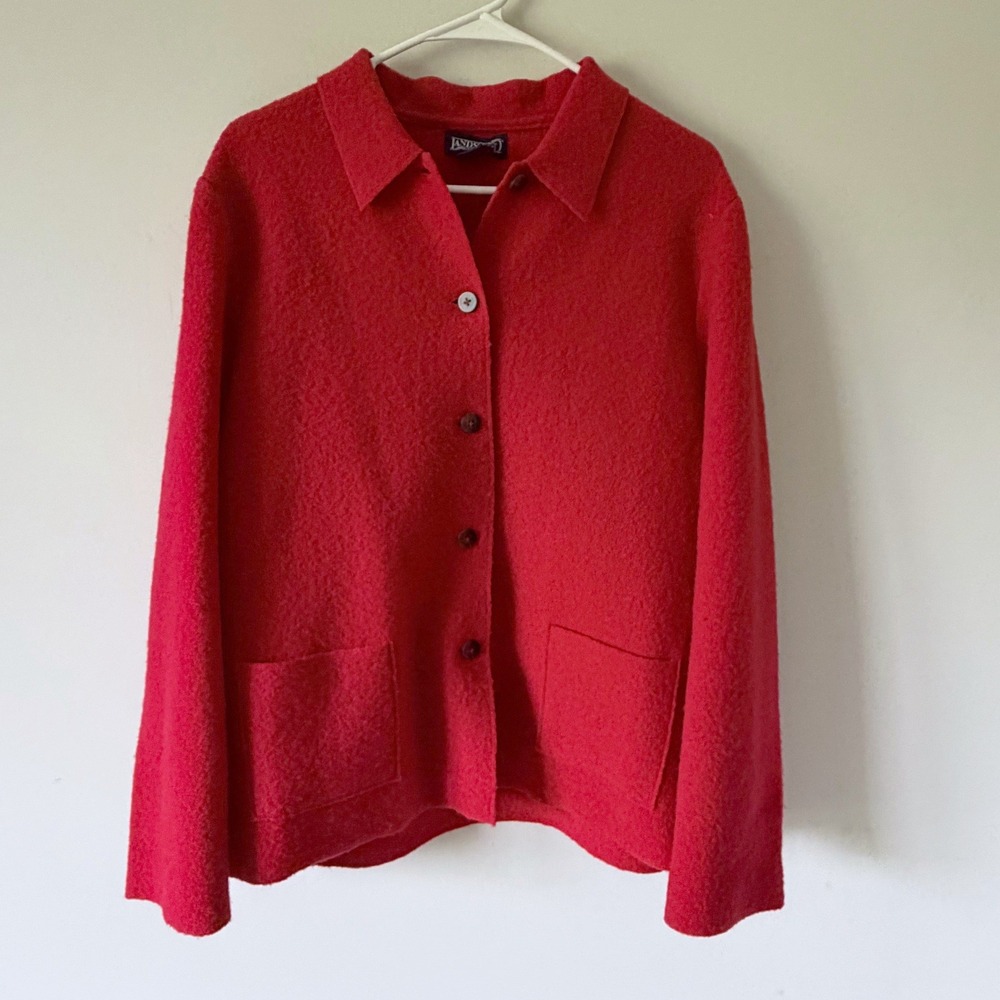 Lands End VTG Boiled Wool Cardigan Jacket Red Button Front Pocketed 14 Layering